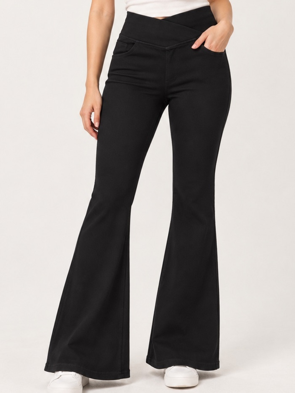 HALARA Black High-Rise Flare Jeans with Crossover Waist